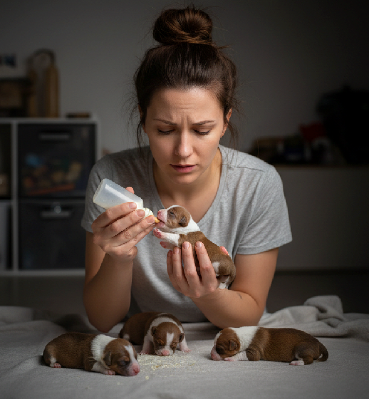 Caregiver bottle feeding a newborn puppy while other puppies rest nearby