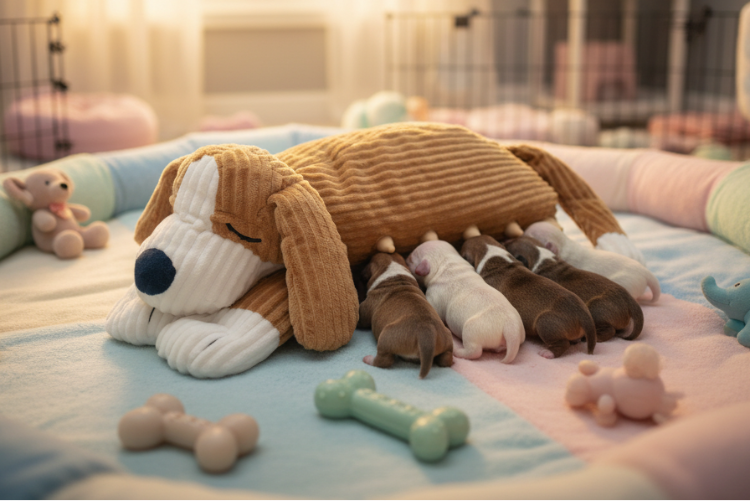 Newborn puppies feeding from Puppy Nanny in a soft nursery setting