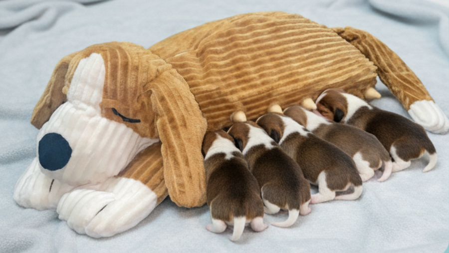 Several newborn puppies nursing from Puppy Nanny
